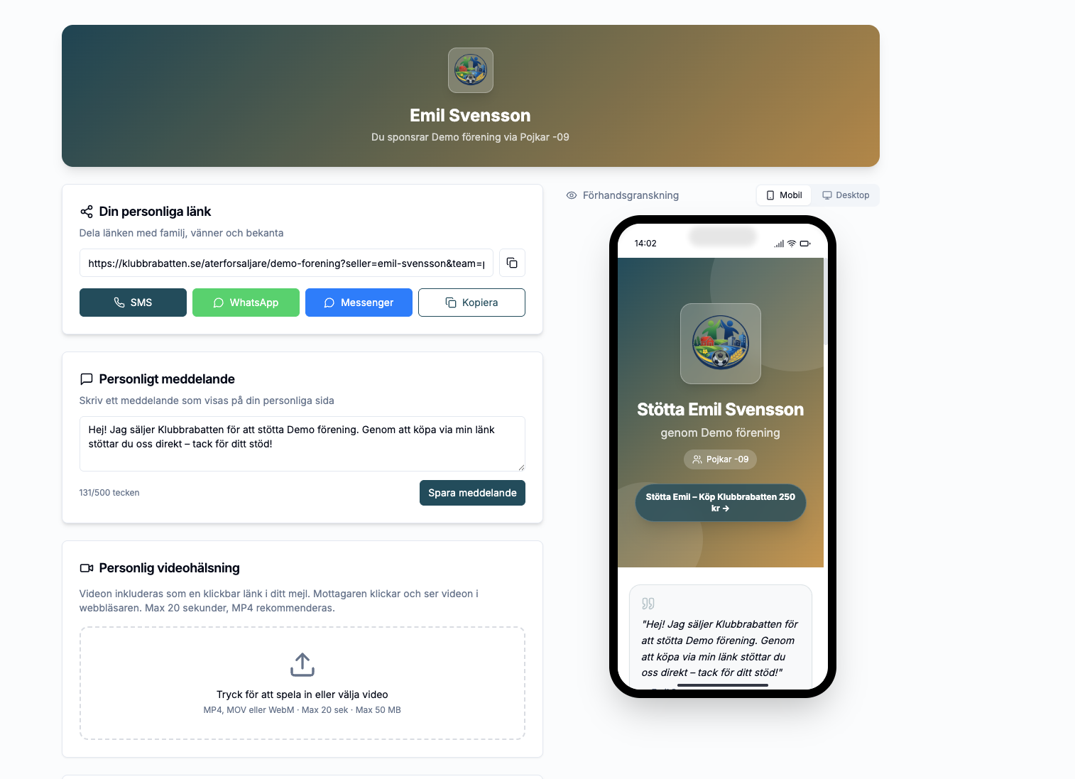 Säljaren konfigurerar sin profil med bild och hälsning